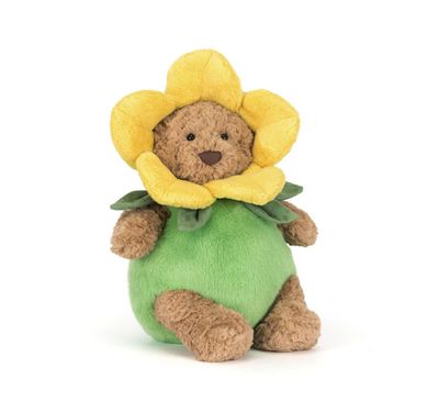 Jellycat Bartholomew Bear wearing a cheerful yellow daffodil outfit, perfect for spring gifting and plush bear dress-up.