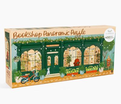 Bookworm Bookshop 400 piece panoramic jigsaw puzzle featuring cozy bookstore scene for book lovers
