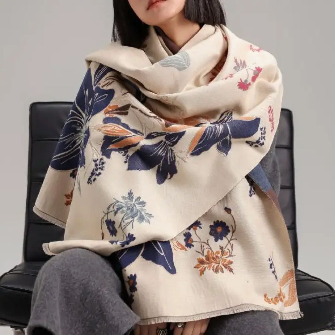 Blue and orange reversible wrap wild lily floral women’s accessory from Poughkeepsie NY boutique
