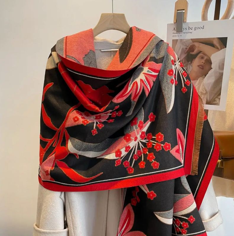 Red and black reversible wrap artisan shawl women’s accessory from Poughkeepsie NY boutique
