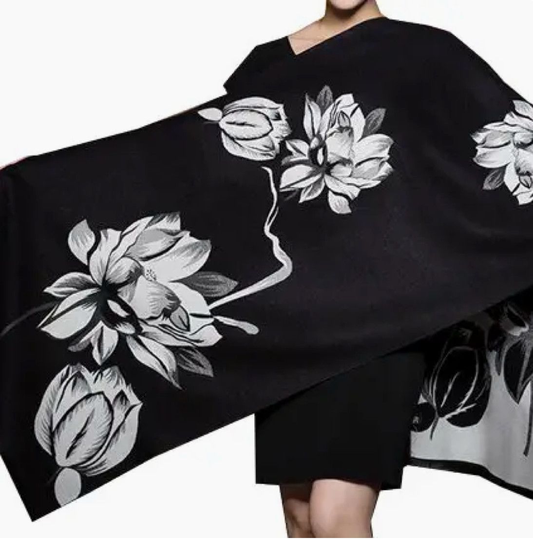 White and black reversible wrap artisan shawl women’s accessory from Poughkeepsie NY boutique
