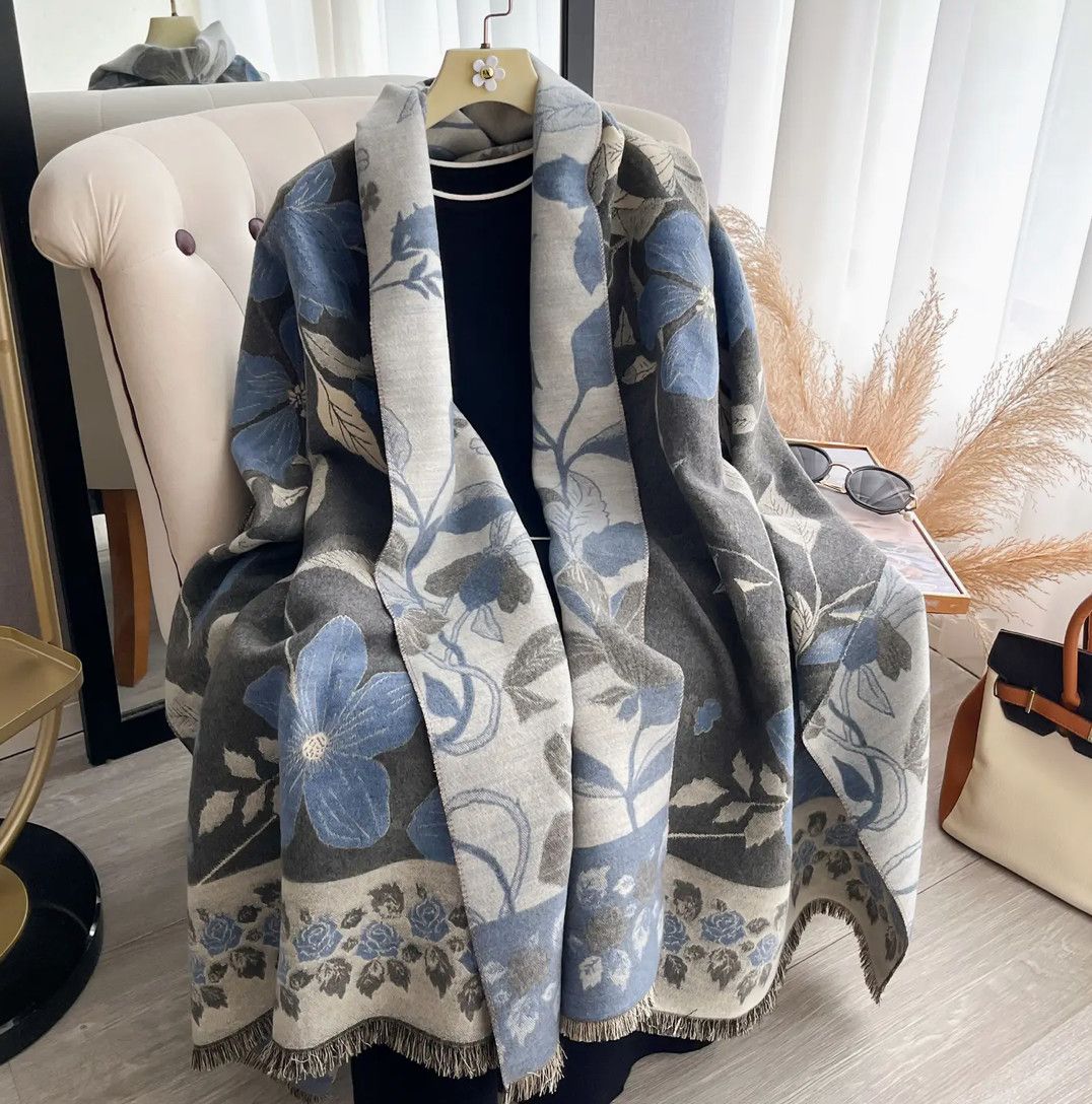 Blue / Gray Vintage Floral Reversible Wrap
