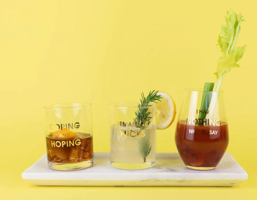 Nothing Nice To Say gold foil stemless wine glass with bold metallic lettering, modern funny wine glass for gifts,