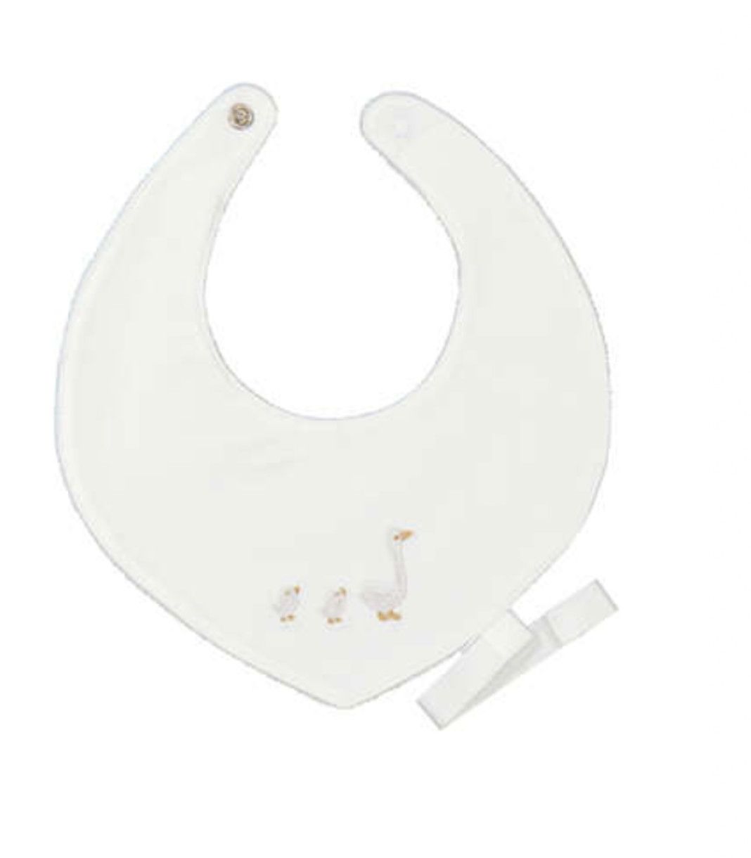 Mayoral silver white goose bib for baby feeding accessory from Poughkeepsie NY boutique
