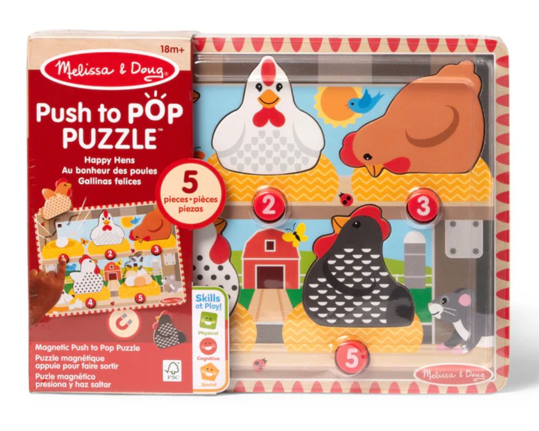 Melissa &amp; Doug Happy Hens Push to Pop wooden farm puzzle with popping pieces for toddlers at Daffodils Gift Shoppe