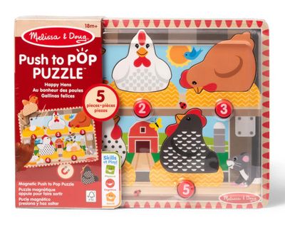 Melissa &amp; Doug Happy Hens Push to Pop wooden farm puzzle with popping pieces for toddlers at Daffodils Gift Shoppe