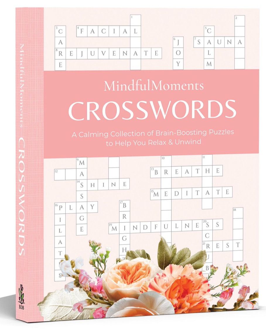Mindful Moments Crosswords puzzle book featuring relaxing brain games for stress relief and mindfulness, perfect self care 