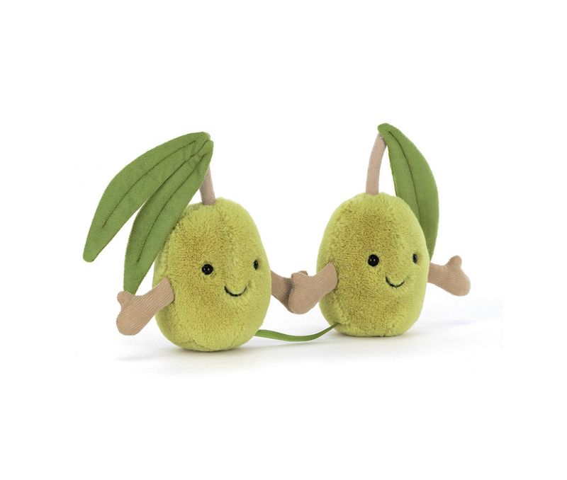 Jellycat Amuseables Pair of Olives plush with soft green olives, stitched details, and cute smiling faces with cord legs
