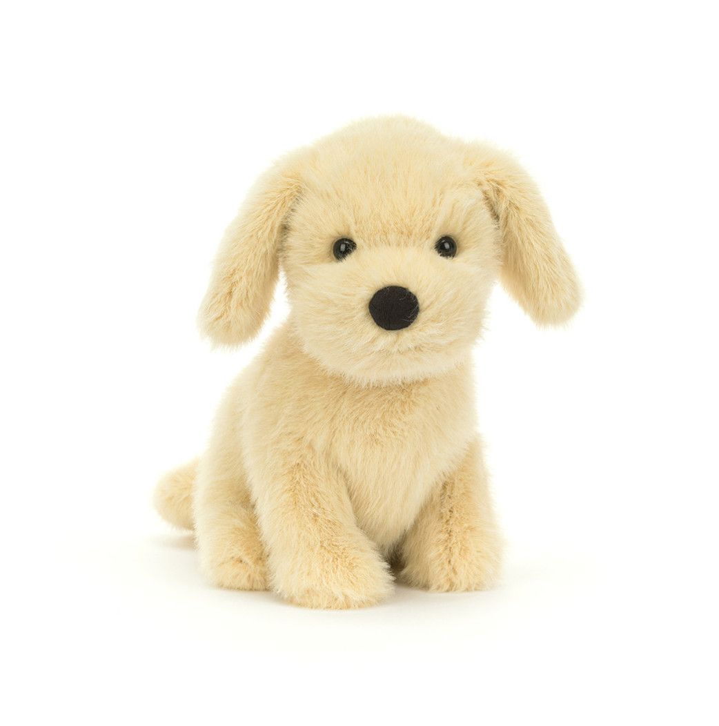 Jellycat Golden Puppy plush with soft golden fur, floppy ears, and sweet expression in a cuddly puppy design