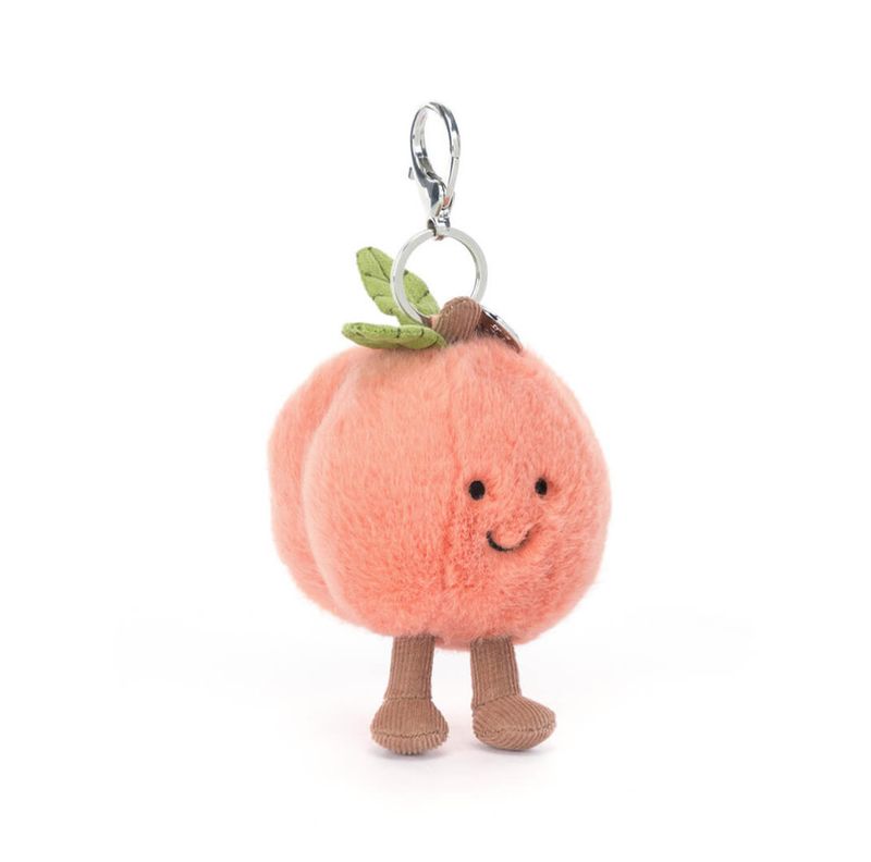 Jellycat Amuseables Peach Bag Charm plush keychain with soft peach design, smiling face, and clip attachment