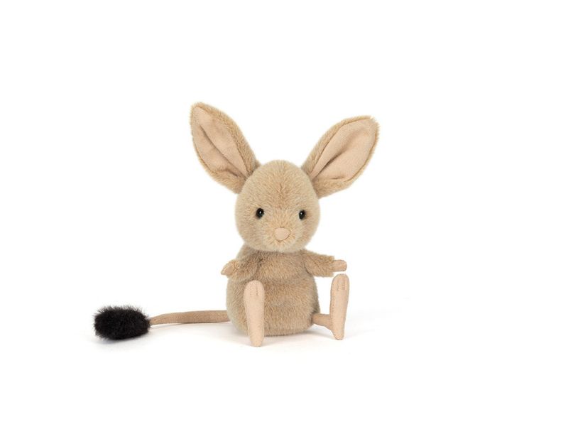 Jellycat Jerboa plush with soft fur, long tail, and large ears sitting upright in a cute desert animal design