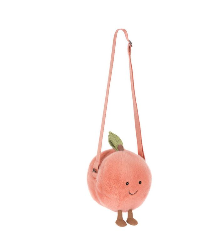 Jellycat Amuseables Peach Shoulder Bag plush purse with soft peach design, smiling face, and adjustable shoulder strap