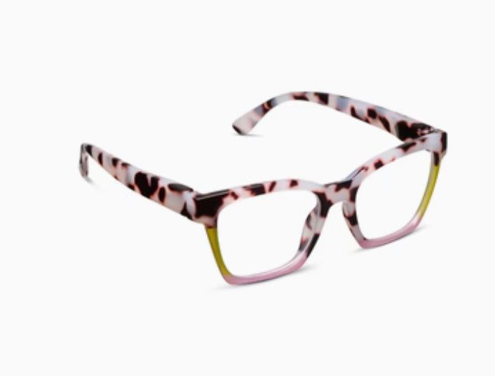 Peepers Birdie Pink Chai Colorblock blue light reading glasses with soft pink and chai colorblock frame
