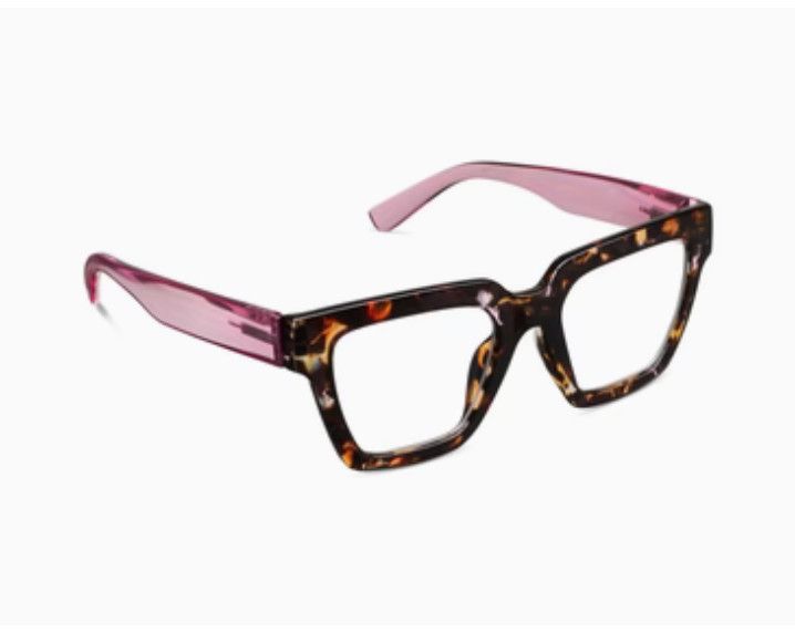 Peepers Take A Bow Pink Botanico Pink blue light reading glasses with pink botanical frame
