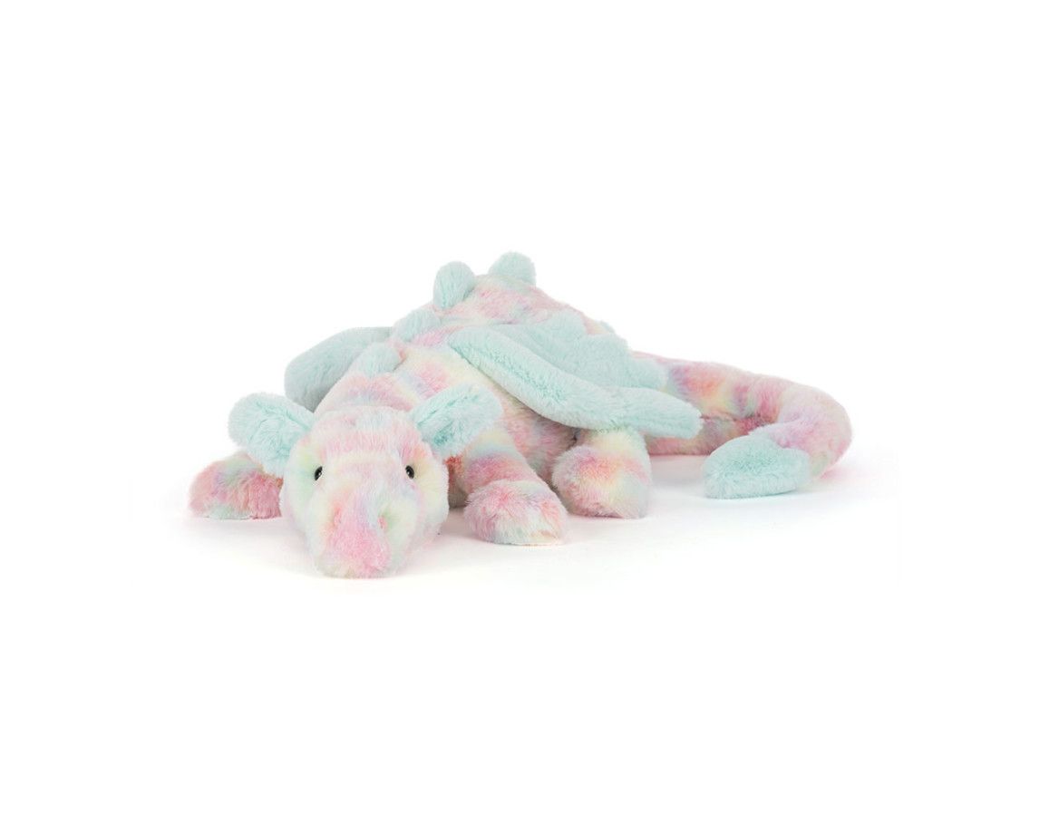 Jellycat Lazulia Dragon plush with soft blue fur, wings, and whimsical fantasy dragon design
