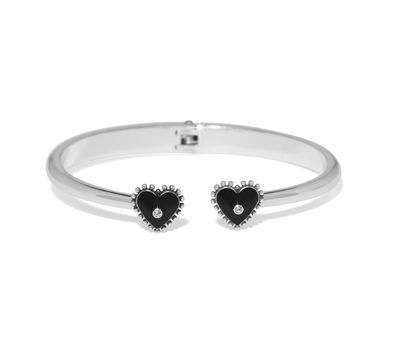 Brighton Pretty Tough Amour heart open hinged bangle in silver with bold sculpted design and romantic heart detail.