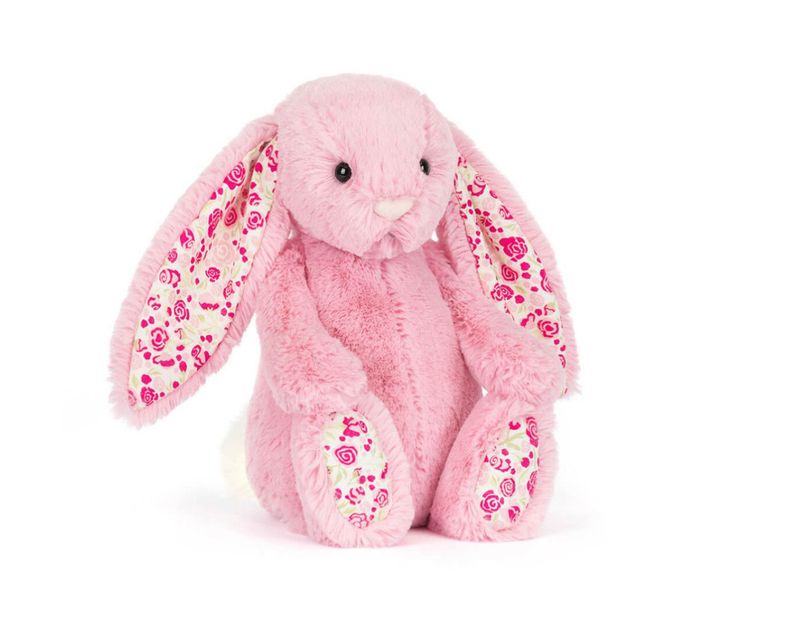 Jellycat Blushkin Blossom Luxe Bunny plush with ultra-soft fur, blush floral print ears, and elegant premium bunny design