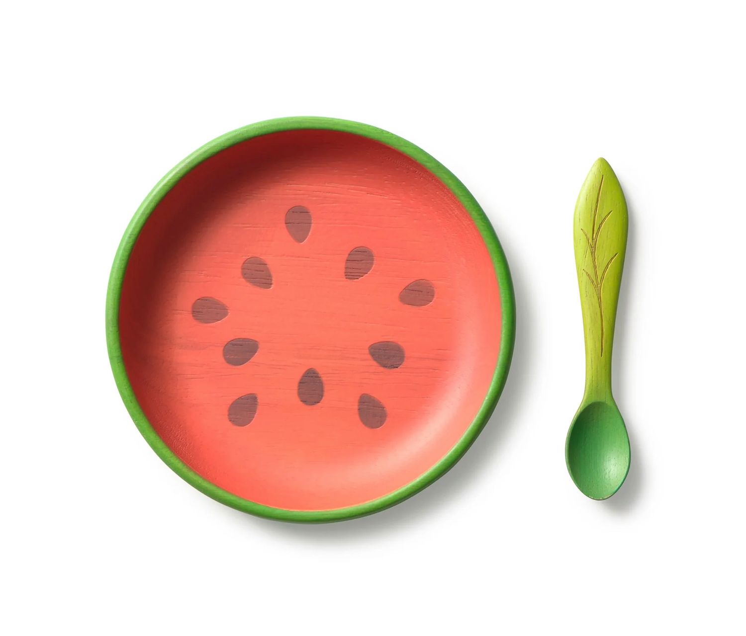 Wally the Watermelon natural wood baby plate and spoon set at our Poughkeepsie NY boutique.