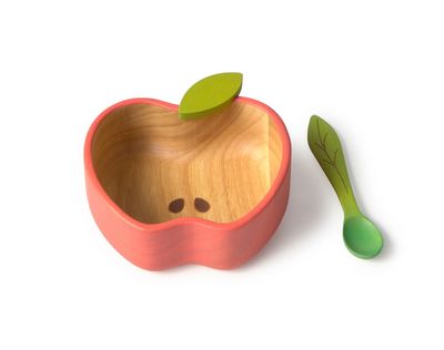 Pepa the Apple natural wood baby plate and spoon set at our Poughkeepsie NY boutique.