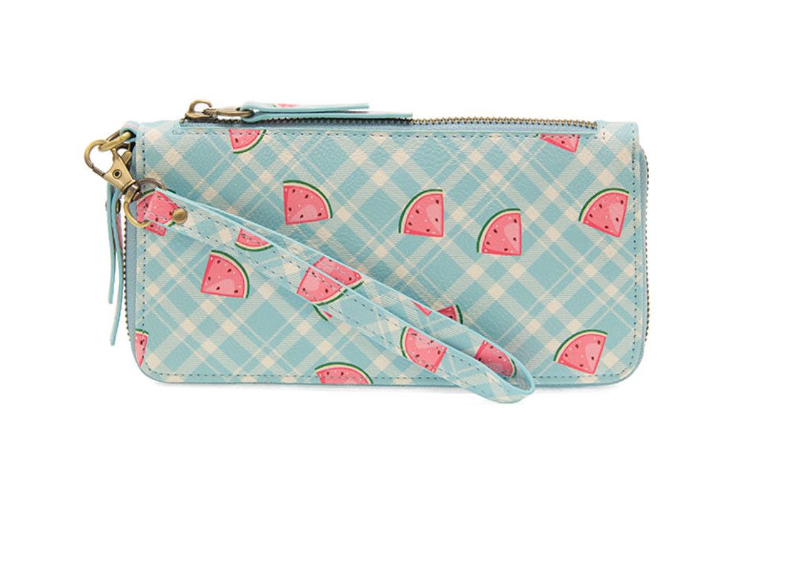 Chloe Printed Zip Around Wallet Wristlet Blue Plaid Watermelon