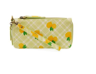 Chloe Printed Zip Around Wallet Wristlet Lime Plaid Lemons