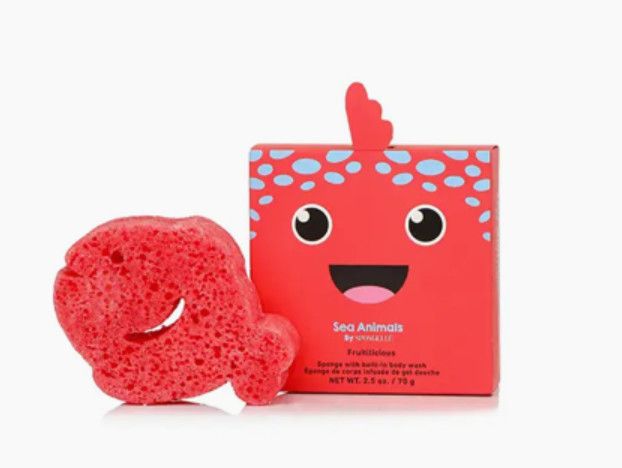 Kids Body Wash Infused Buffer sponge in collectible animal gift box, gentle bath sponge for sensitive skin
