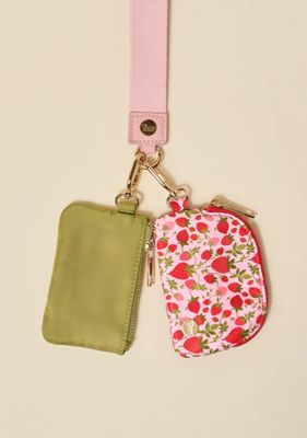 Strawberry Fields dynamic duo pouch wristlet, cute strawberry print cosmetic pouch with wrist strap
