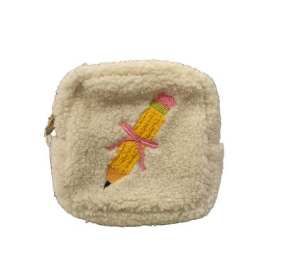 Cute teddy bear zipper pouch with pencil theme, small pouch for school supplies, makeup, or travel
