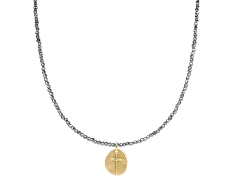 Enewton 15 inch silver faceted hematite bead necklace with Inspire small gold charm
