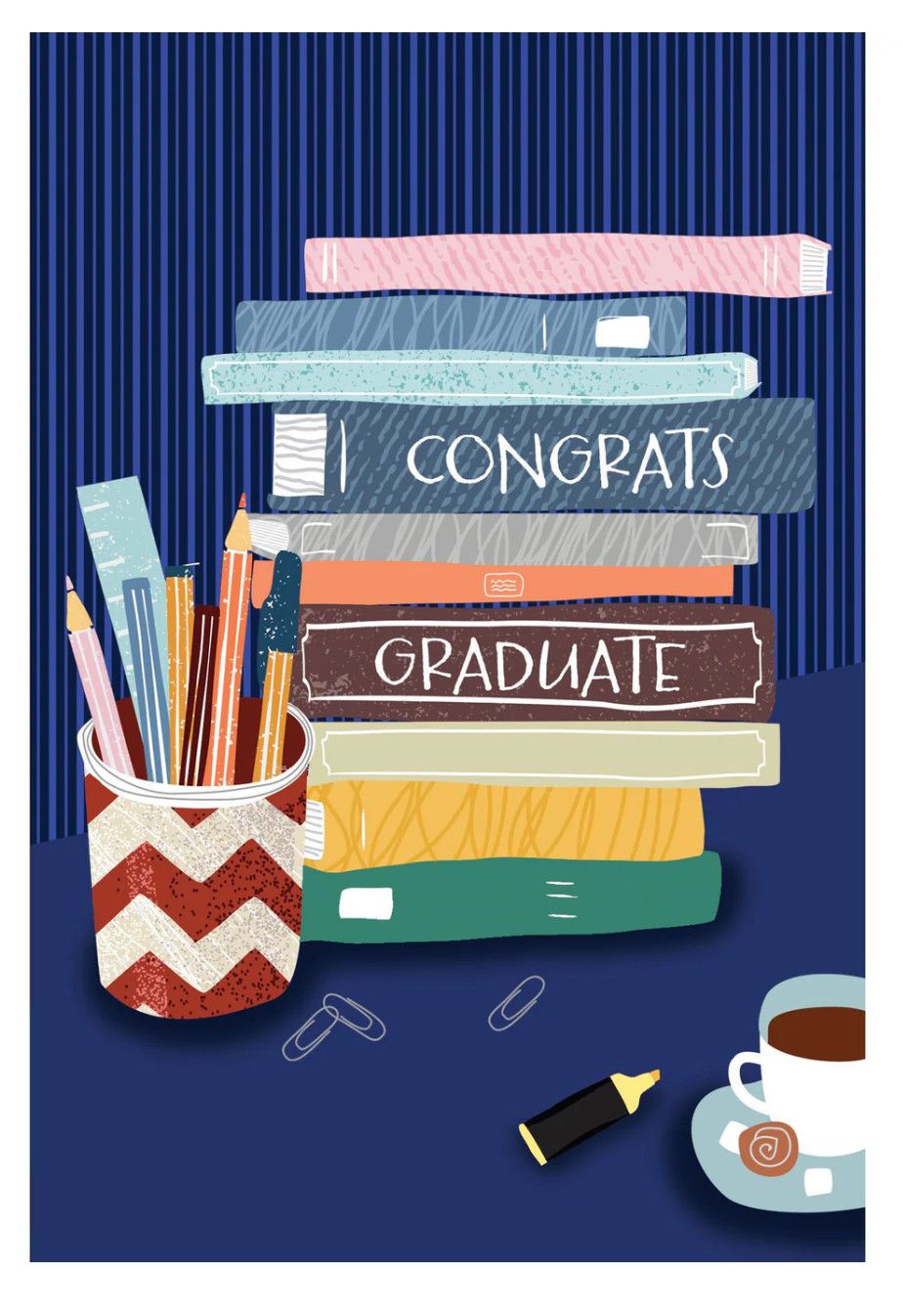 Stack of books graduation card with celebratory design, perfect for congratulating graduates on their achievement