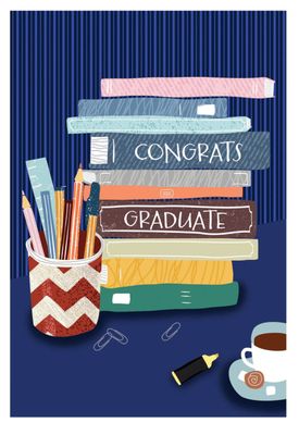 Stack of books graduation card with celebratory design, perfect for congratulating graduates on their achievement