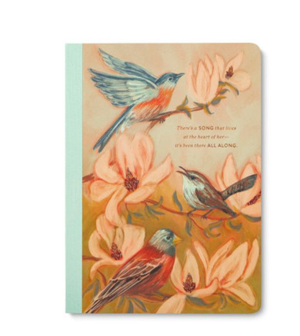 Her Words journal with hand-painted birds and floral design by Justine Edge, featuring lined pages for writing and reflection