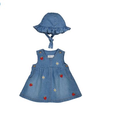 Strawberry denim dress and hat set with embroidered strawberry details and matching hat for a sweet, playful outfit
