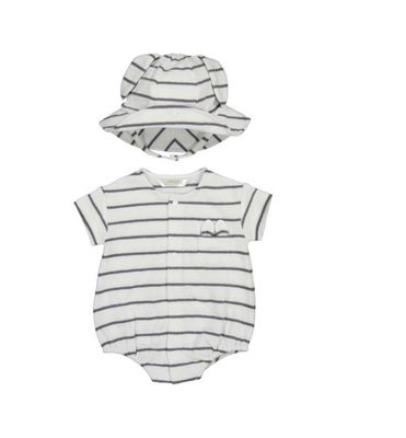 Striped bunny romper and hat set with soft fabric, playful stripe pattern, and cute bunny detail for a cozy outfit
