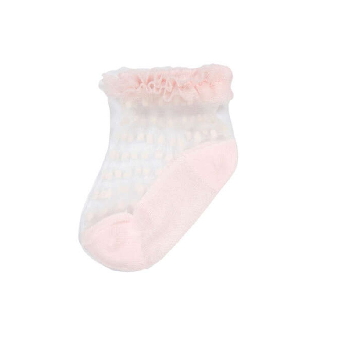 Pink ruffle plumeti socks with sheer dotted mesh design and delicate ruffled trim for a feminine, stylish look, Size: 0m