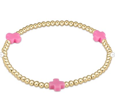 enewton Signature Cross 3mm gold bracelet in bright pink with delicate cross detail and beaded design for everyday wear
