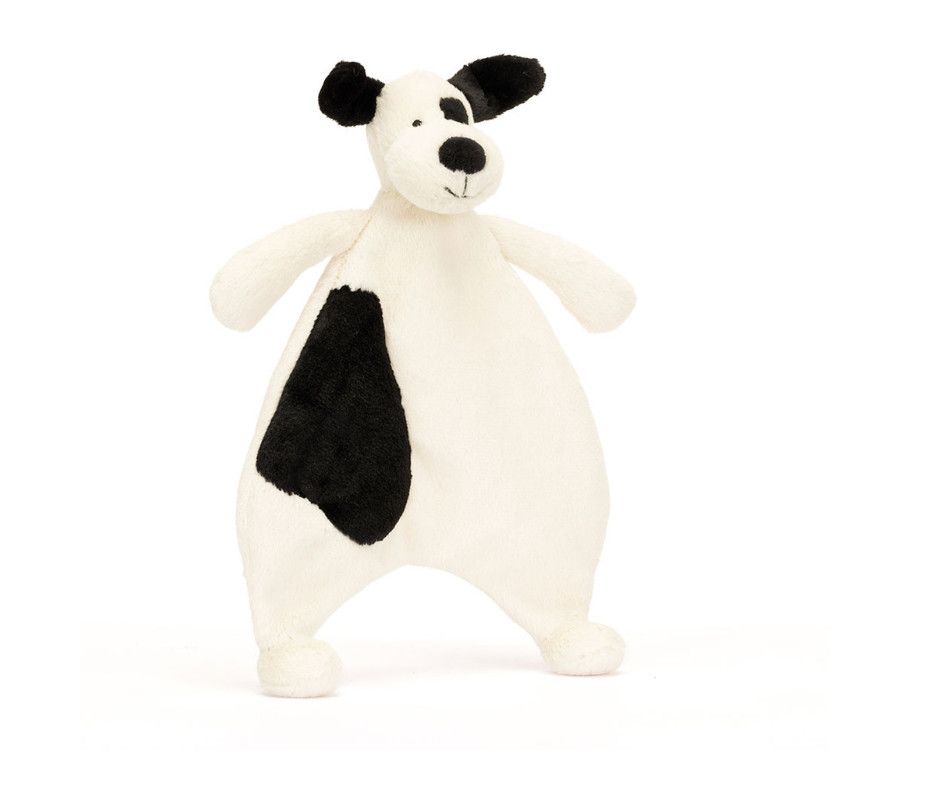 Jellycat Rufferty Bashful black and cream puppy comforter, soft baby lovey blanket with cuddly plush dog design