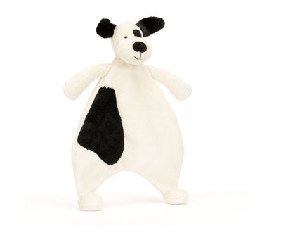 Jellycat Rufferty Bashful black and cream puppy comforter, soft baby lovey blanket with cuddly plush dog design