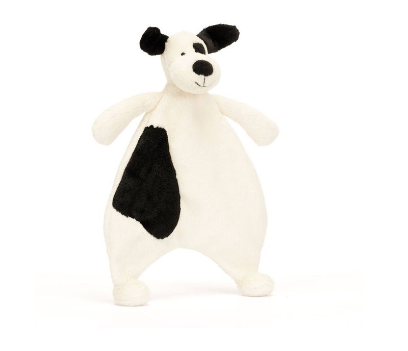 Jellycat Rufferty Bashful black and cream puppy comforter, soft baby lovey blanket with cuddly plush dog design