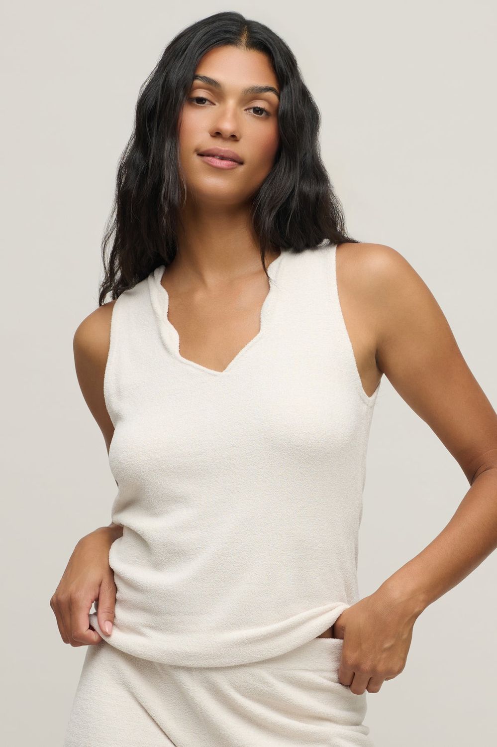 CozyChic Ultra Lite® Scallop V-Neck Tank Sand Dune