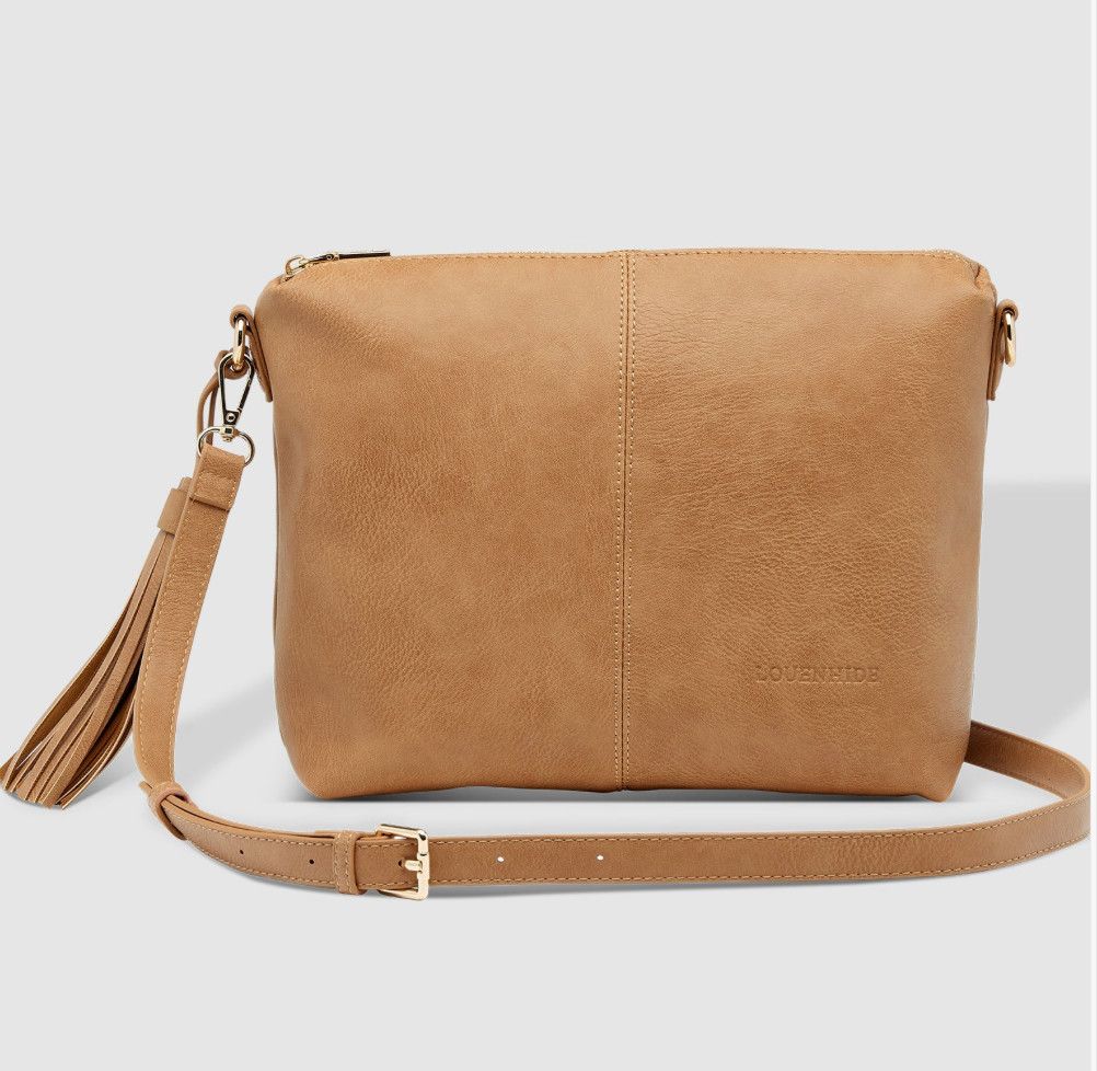 Kasey stripe crossbody bag in camel with neutral tones and adjustable strap, a stylish everyday hands-free purse