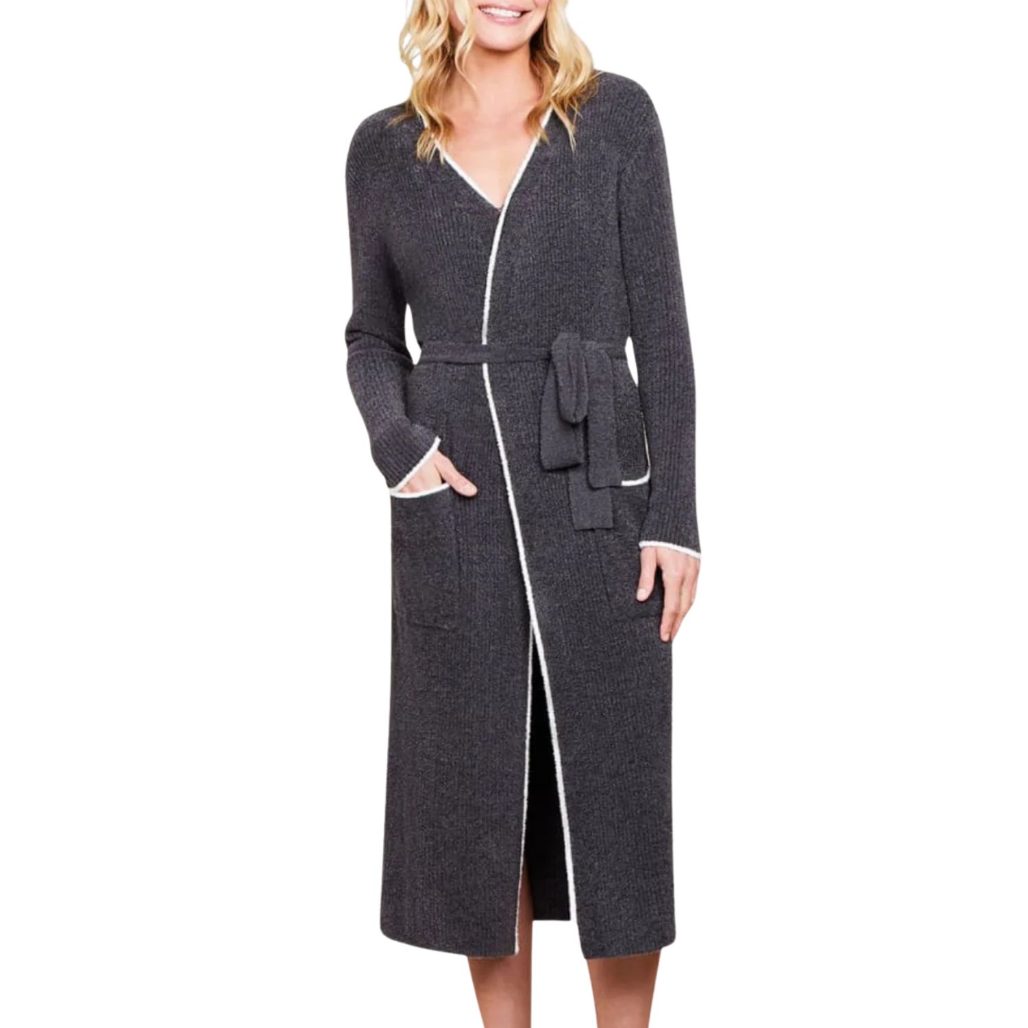 ​Barefoot Dreams’ CozyChic Lite Contrast Ribbed Robe | Carbon Pearl | XXS - XS