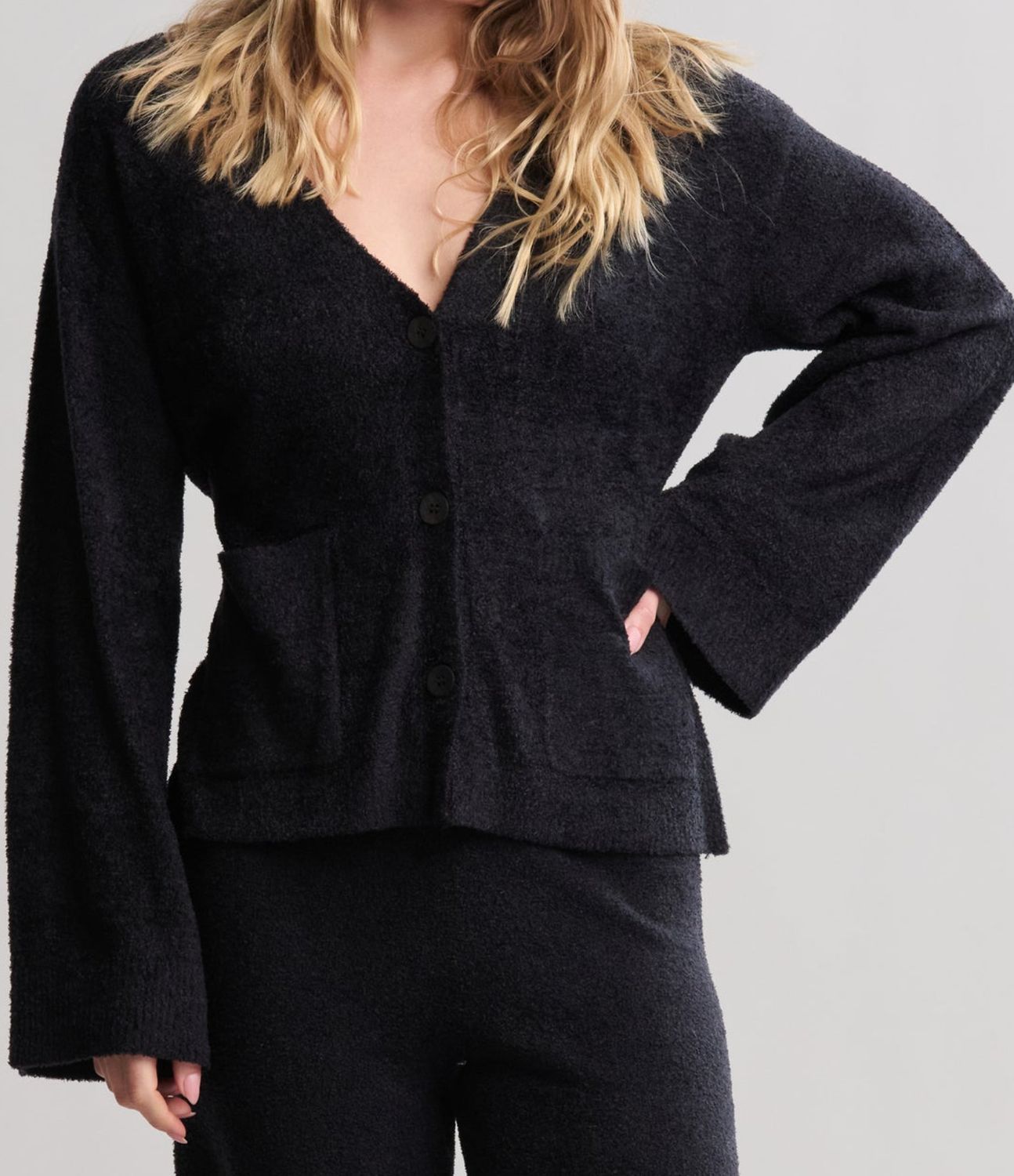 CozyChic Lite® Wide Sleeve Button Front Cardigan Black Small
