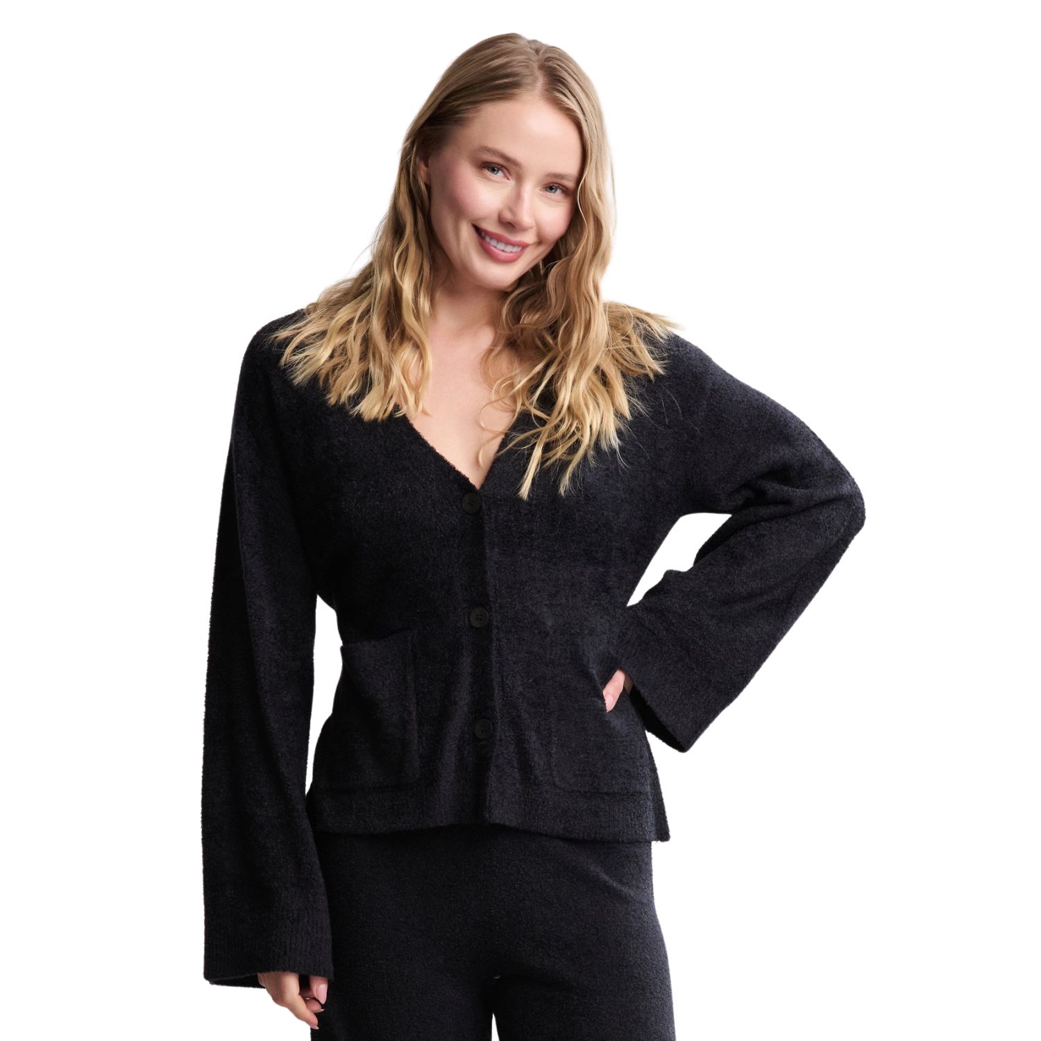 CozyChic Lite® Wide Sleeve Button Front Cardigan | Black | Small