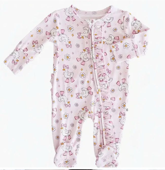 Silly Goose Ruffle Zipper Footie | Pink, Size: Newborn