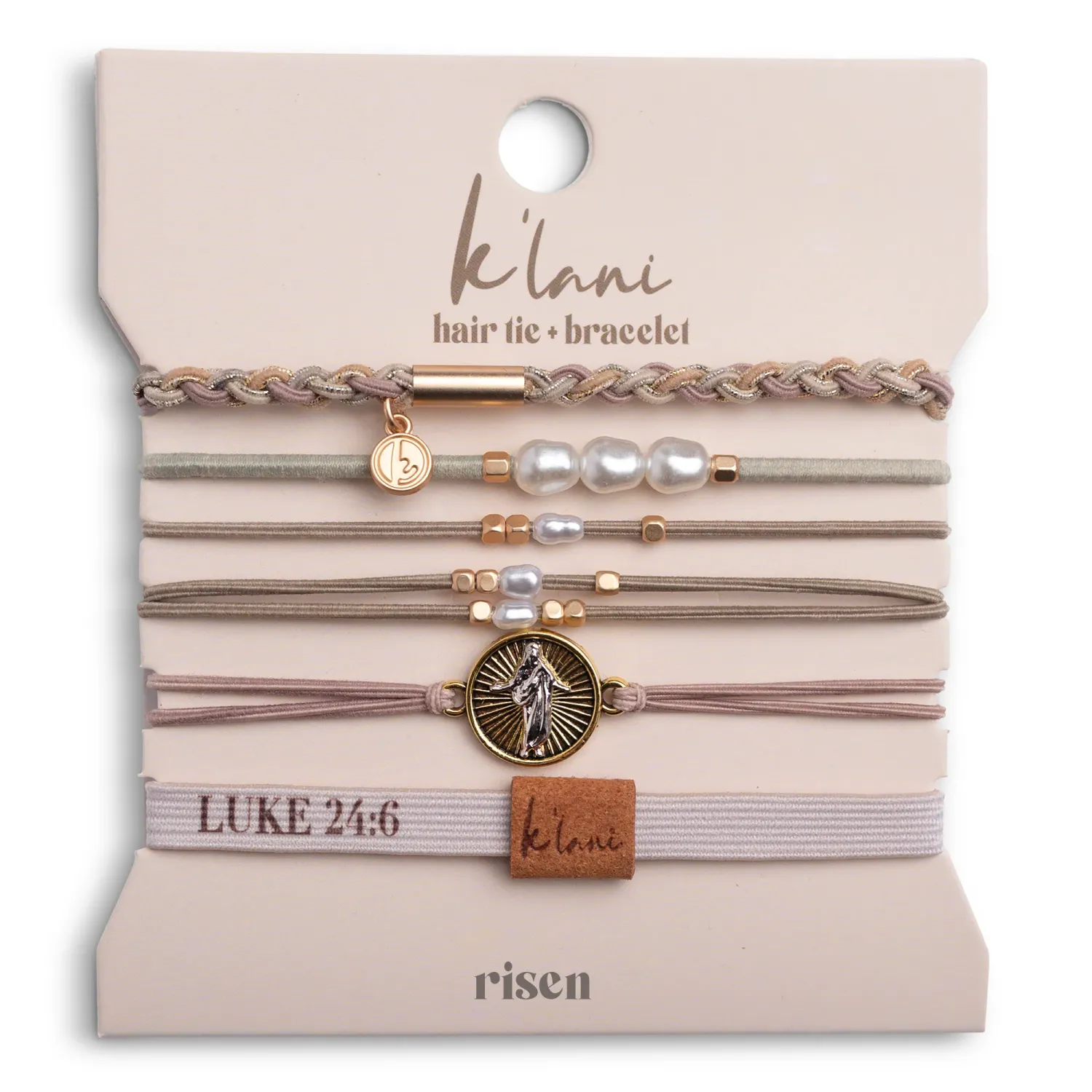 Risen Warm Neutrals w Gold Christus Hair Tie