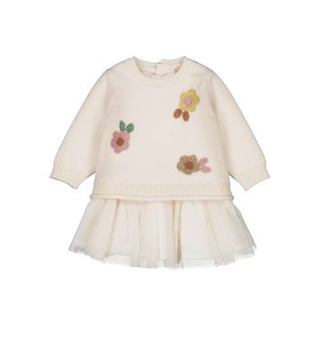 Cream Flower Tricot Tulle  Sweater Dress
