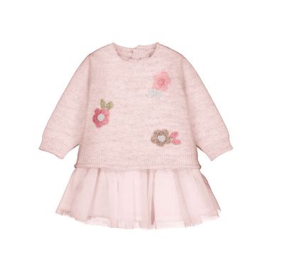 Rosa Pink Flower Tricot Tulle Sweater Dress