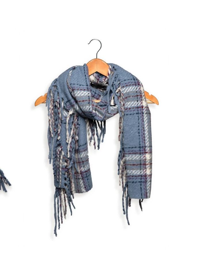 Denim Plaid Long Side Fringe Scarf