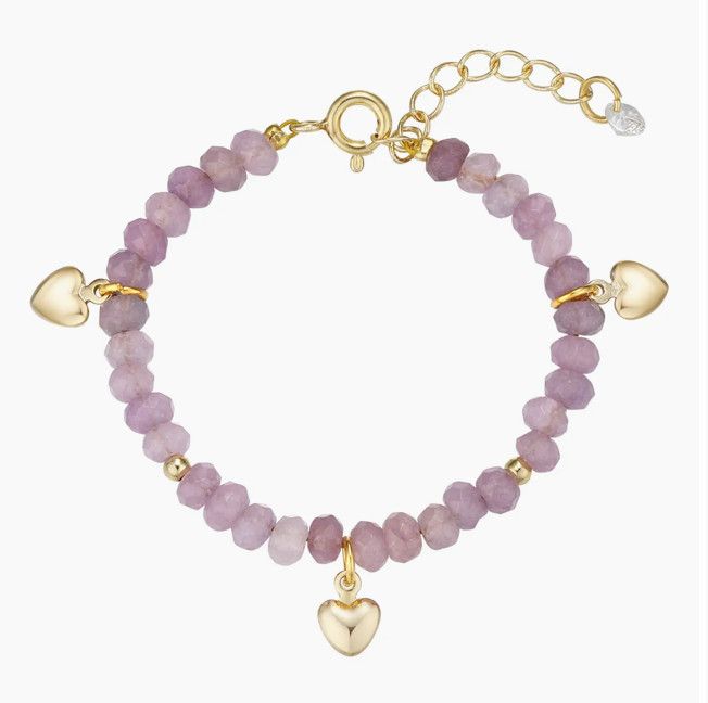 Amethyst Bead Bracelet with Heart Charms